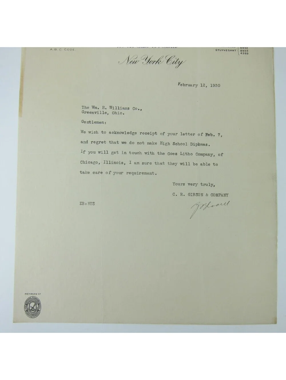 Vintage 1930 Letterhead Signed C.R. Gibson & Company Lithographer New York City